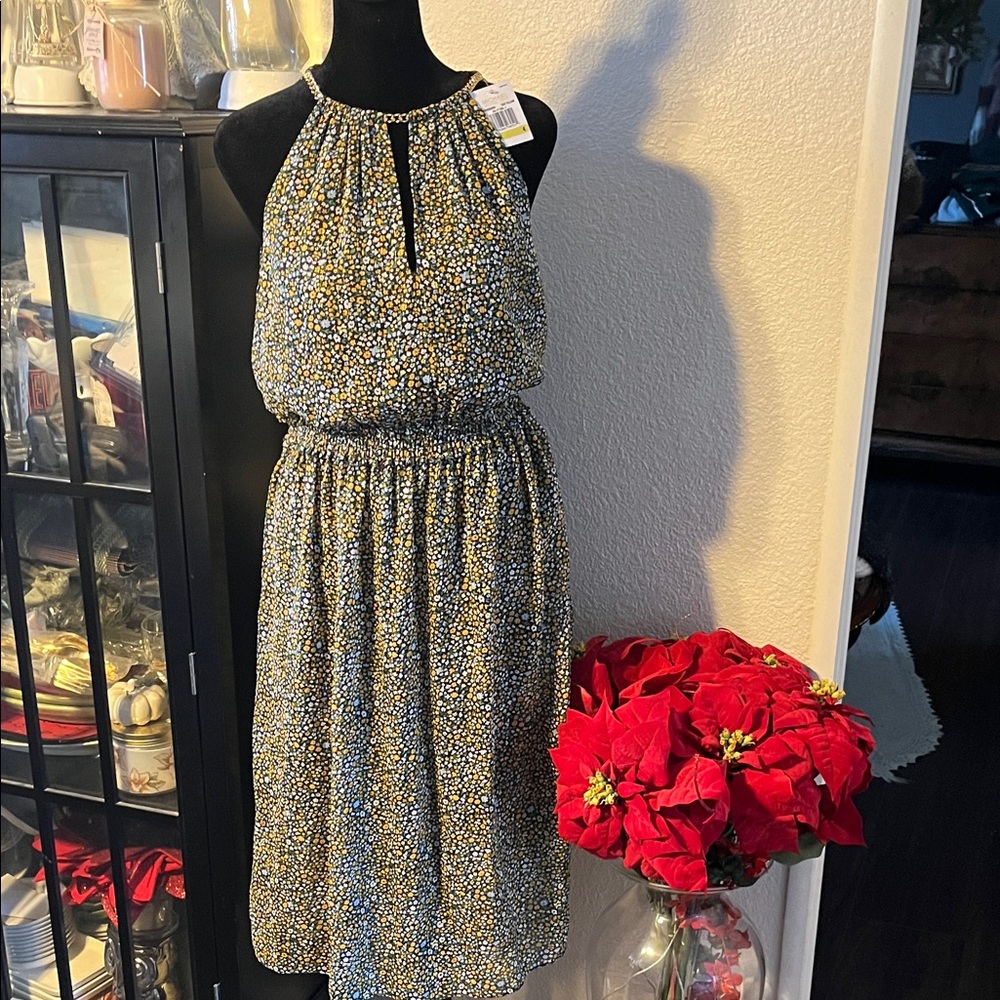 Michael Kors Yellow and Black Floral Midi Dress nwt